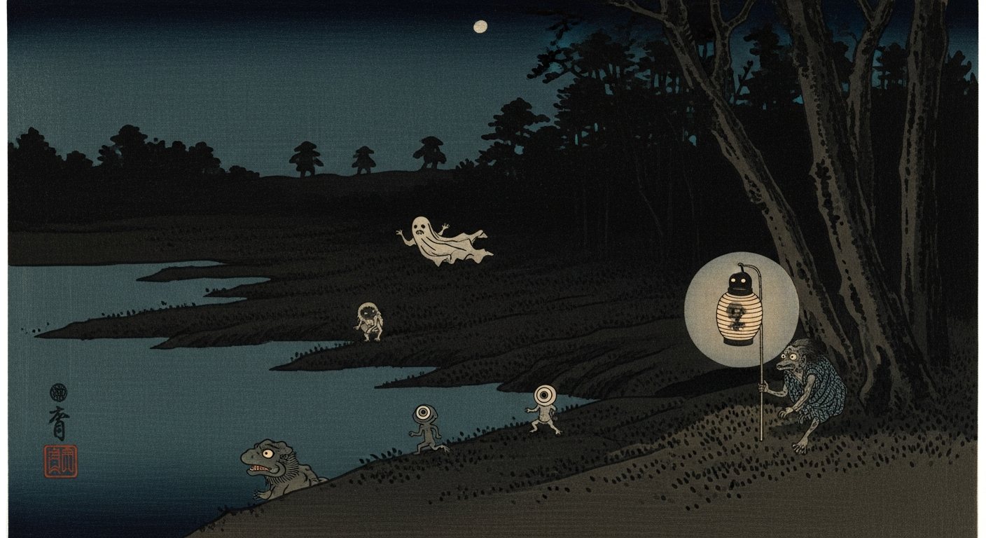 深い夜の川辺に潜む河童の浮世絵