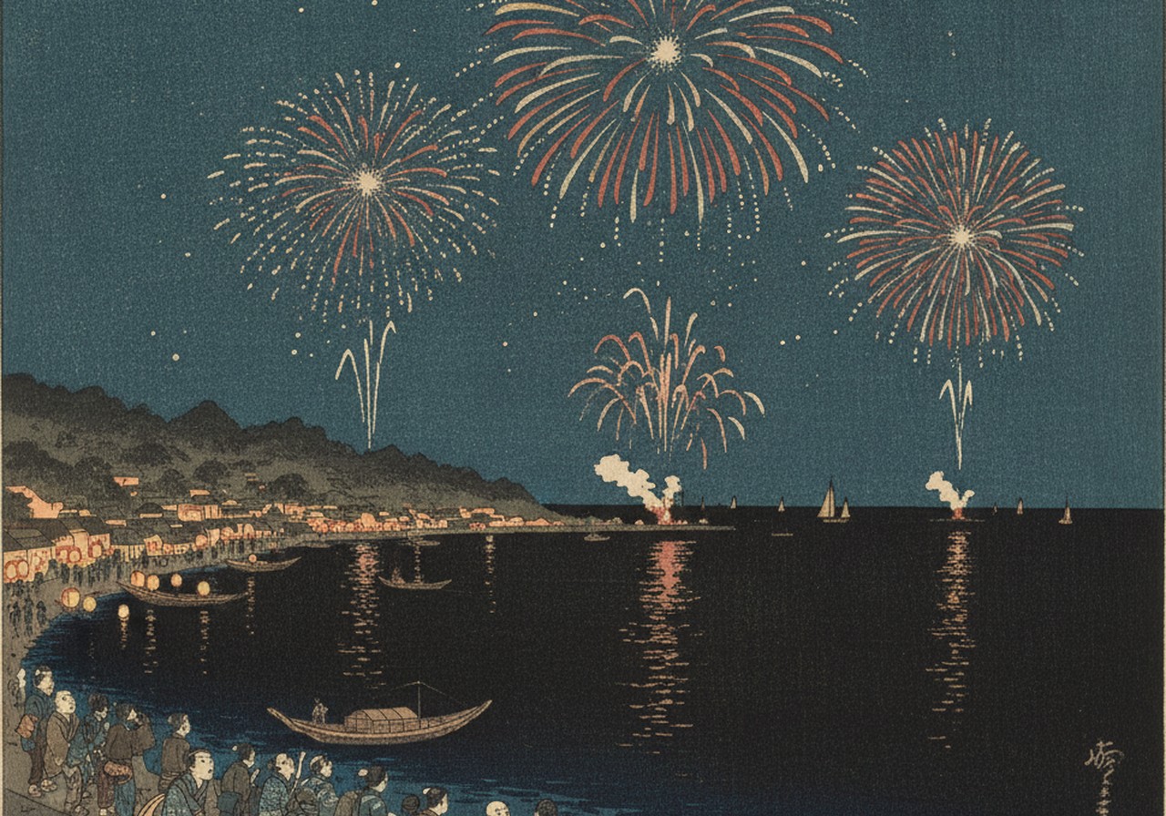 宇和島湾の海上花火（もののけ、みーつけたによる挿絵）