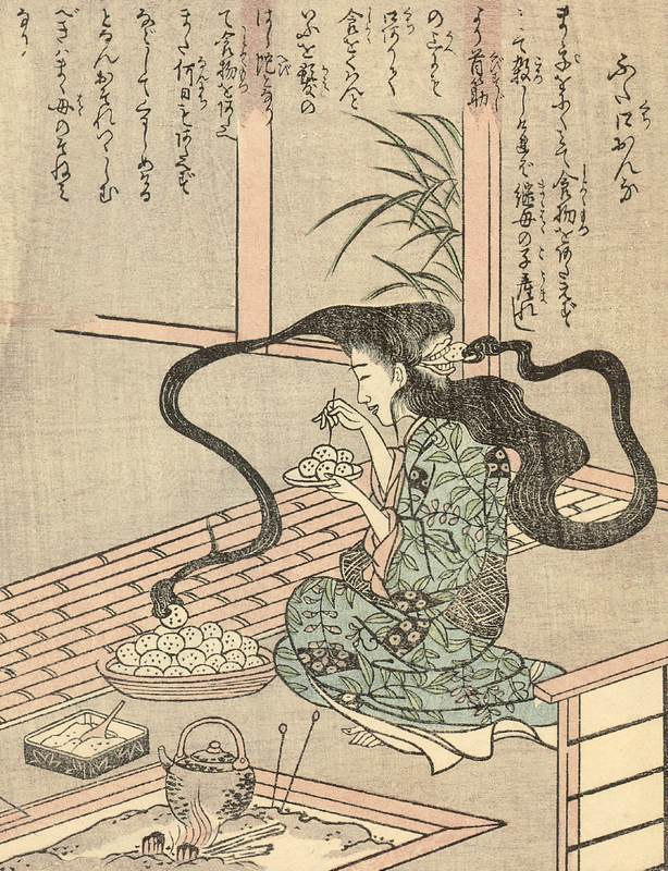 竹原春泉斎の画による二口女。桃山人『絵本百物語』天保十二年（1841）。後頭部の口へ髪が飯を運ぶ。パブリックドメイン。