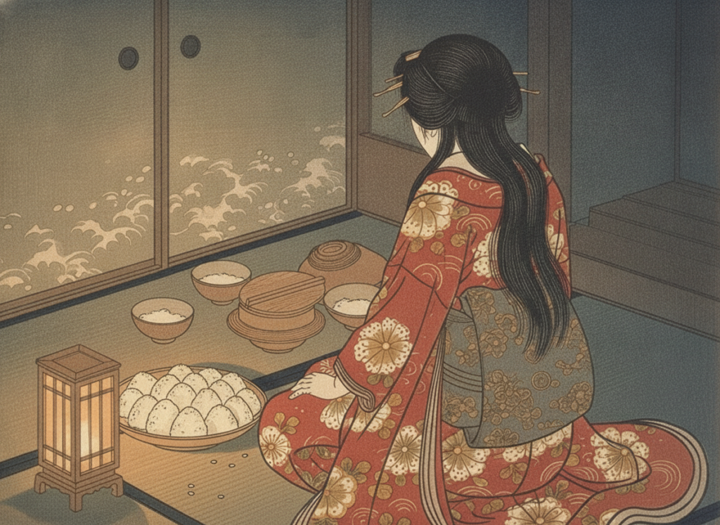 二口女。座敷で女が座り、髪が膳の飯へ伸びていく。江戸期の木版様式で描き起こした挿絵。