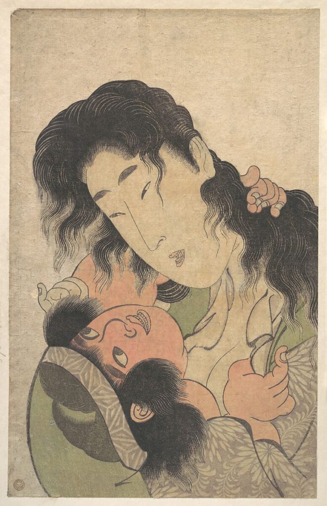 喜多川歌麿《山姥と金太郎》寛政七年（1795）頃。メトロポリタン美術館蔵 JP981。長い髪をほどいた山姥が幼い金太郎を胸に抱く。パブリックドメイン。