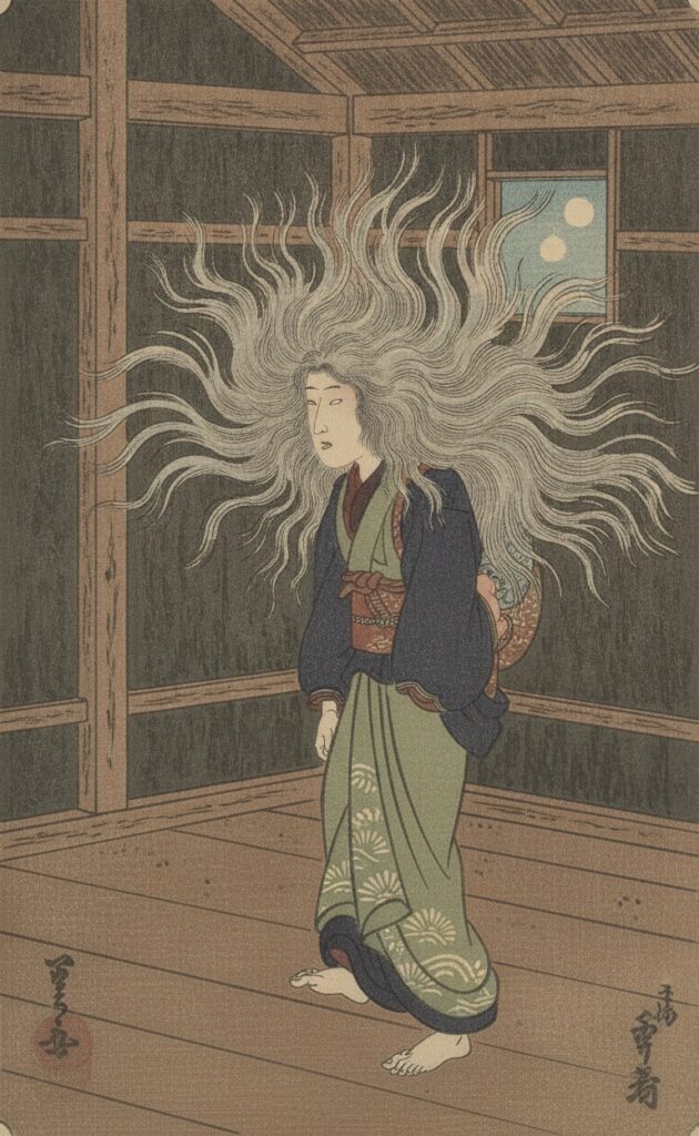 山姥が庵の夜に本当の姿を現す場面。長い白髪が広がる。江戸期の木版様式で描き起こした挿絵。