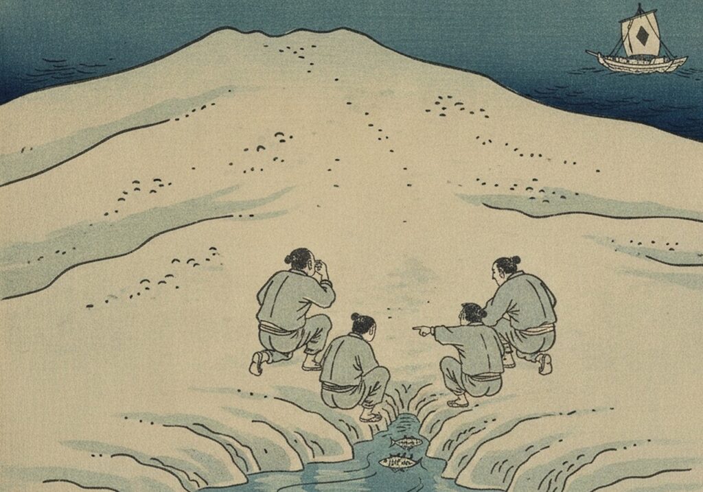 島の水が塩辛く、岩陰に魚がいることに気づく船乗りたち