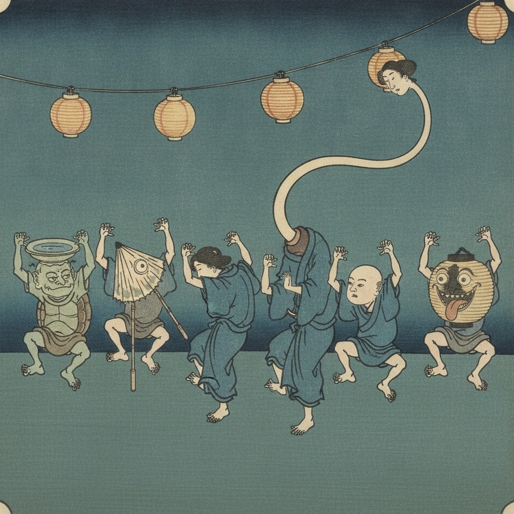 やぐらを囲んで踊る妖怪たち(もののけ、みーつけたによる挿絵)