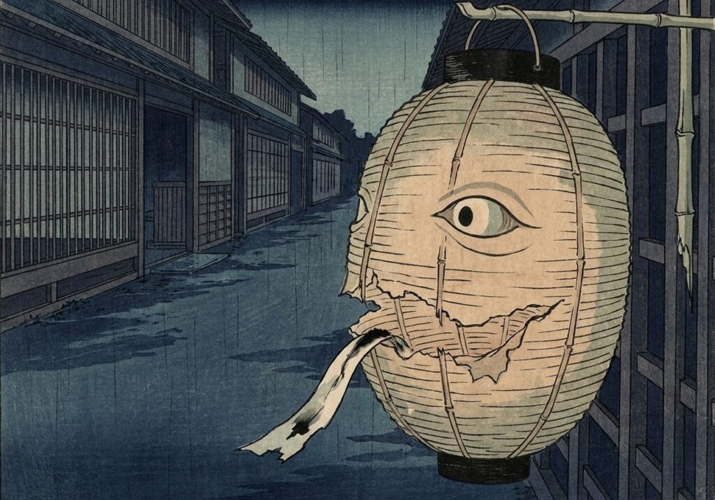 雨の江戸夜道で目と裂けた口を見せる提灯おばけの浮世絵風イメージ