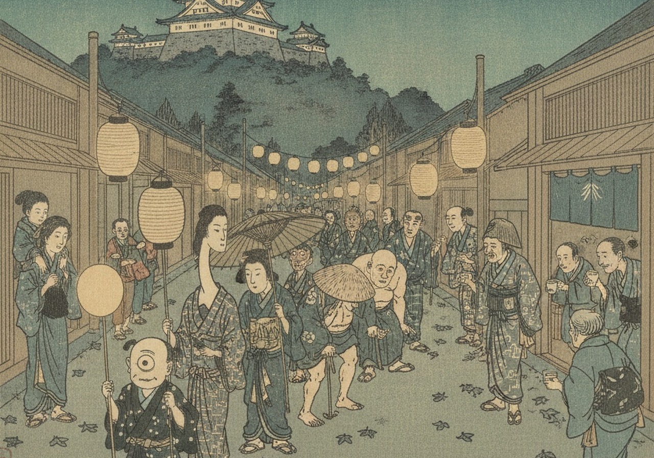 城下町の夜、提灯を提げた妖怪の行列と、それを見物する町の人びと（イメージ画）