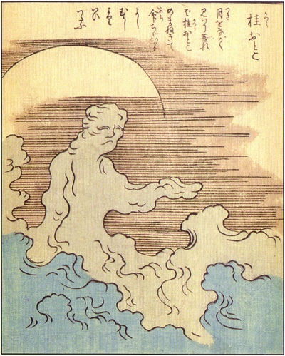 竹原春泉斎『絵本百物語』の桂男。月の隈から雲の男が手を差し出す