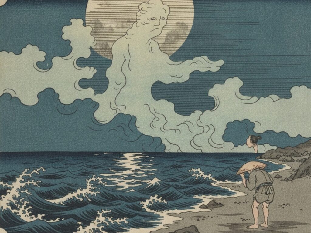下里海岸で月の桂男に気づき、目をそらす旅人の浮世絵風イメージ