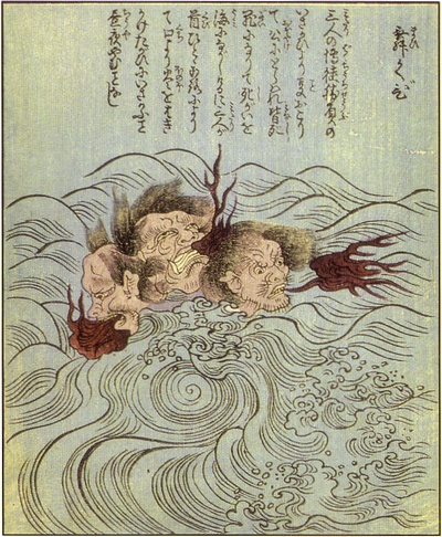 竹原春泉斎『絵本百物語』の舞首。三つの首が波間で争い、火を吐く