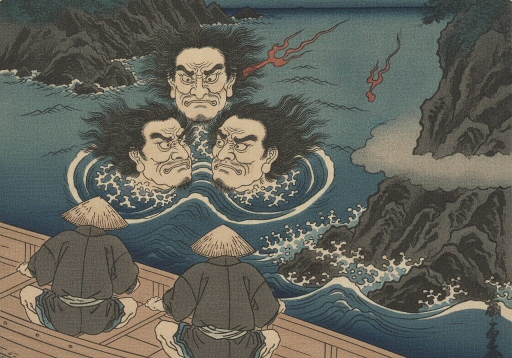 小舟の漁師が、海上で争い続ける三つの舞首を目撃する浮世絵風イメージ