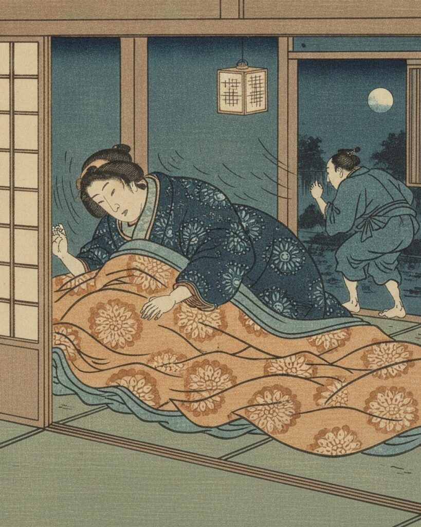 巨大な寝肥から離れ、月夜の廊下へ退く夫を描く浮世絵風イメージ