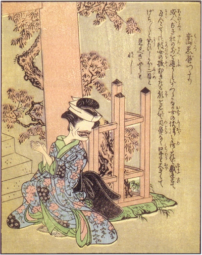 竹原春泉斎「歯黒べったり」。古い社の前で振り向き、目鼻のない顔に黒い歯を見せる女を描いた『絵本百物語』の原画。