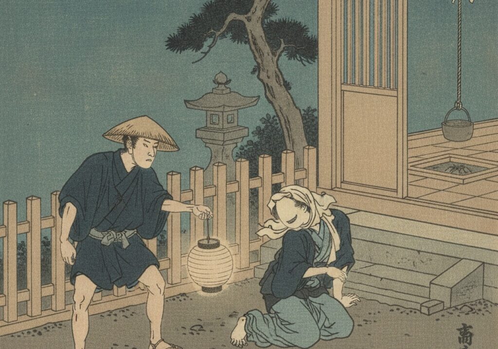 古い社で伏し拝む女へ提灯を持った旅人が近づく浮世絵風イメージ
