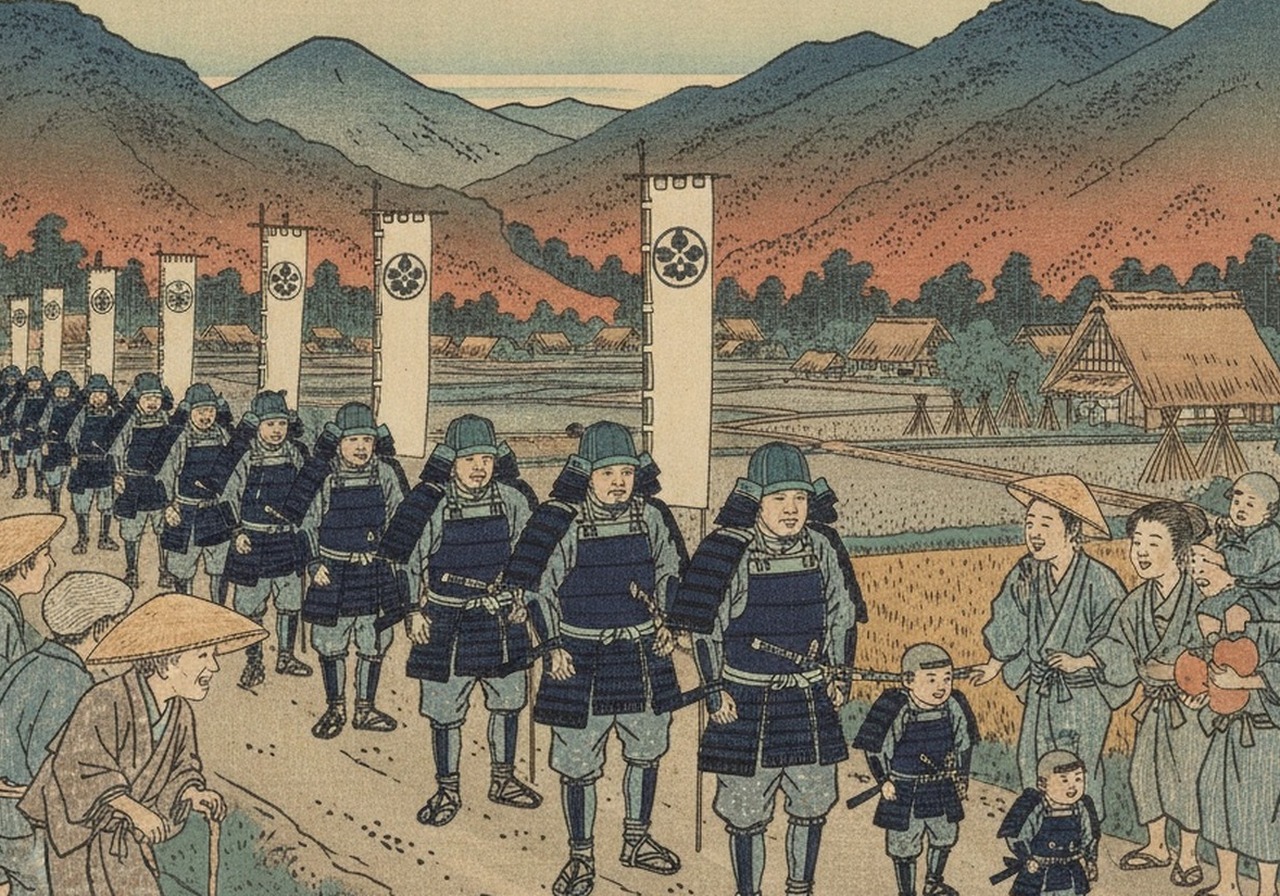 秋の山あいの道を練り歩く、鎧をつけた武者の行列と沿道の里の人びと（イメージ画）