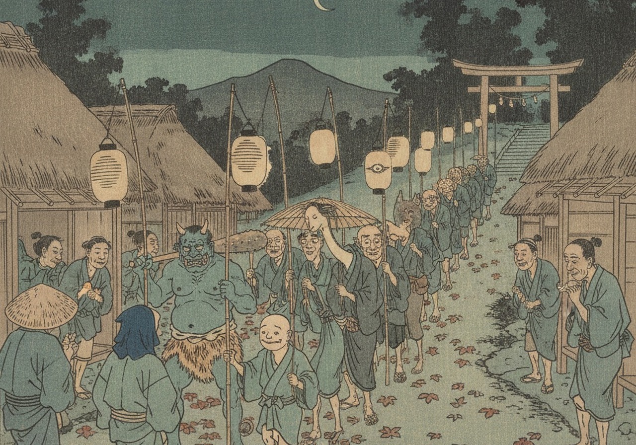 夜の里の道を、提灯を提げた鬼たちが列になって進み、里の人が見ている(イメージ画)