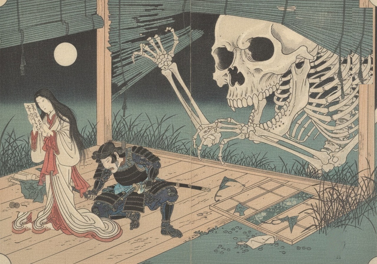 巨大な骸骨が荒れた御所に押し入る場面(当サイト制作のイメージ画)