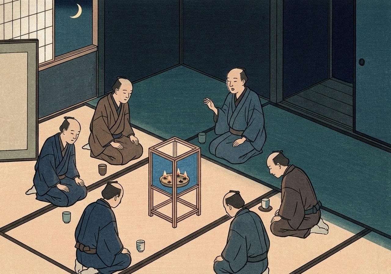 百物語の夜。行灯を囲んで怪談を語る人びと(イメージ画)
