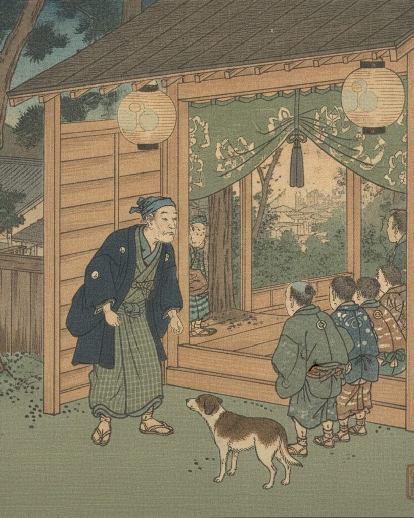 人の姿で洲本の芝居小屋へ入り、犬に正体を嗅ぎつけられる芝右衛門狸
