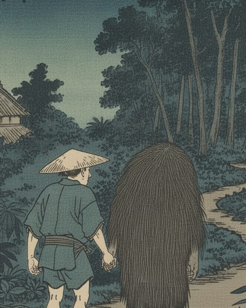 奄美の森の奥へ、島人と宇婆が手をつないで歩く浮世絵風イメージ