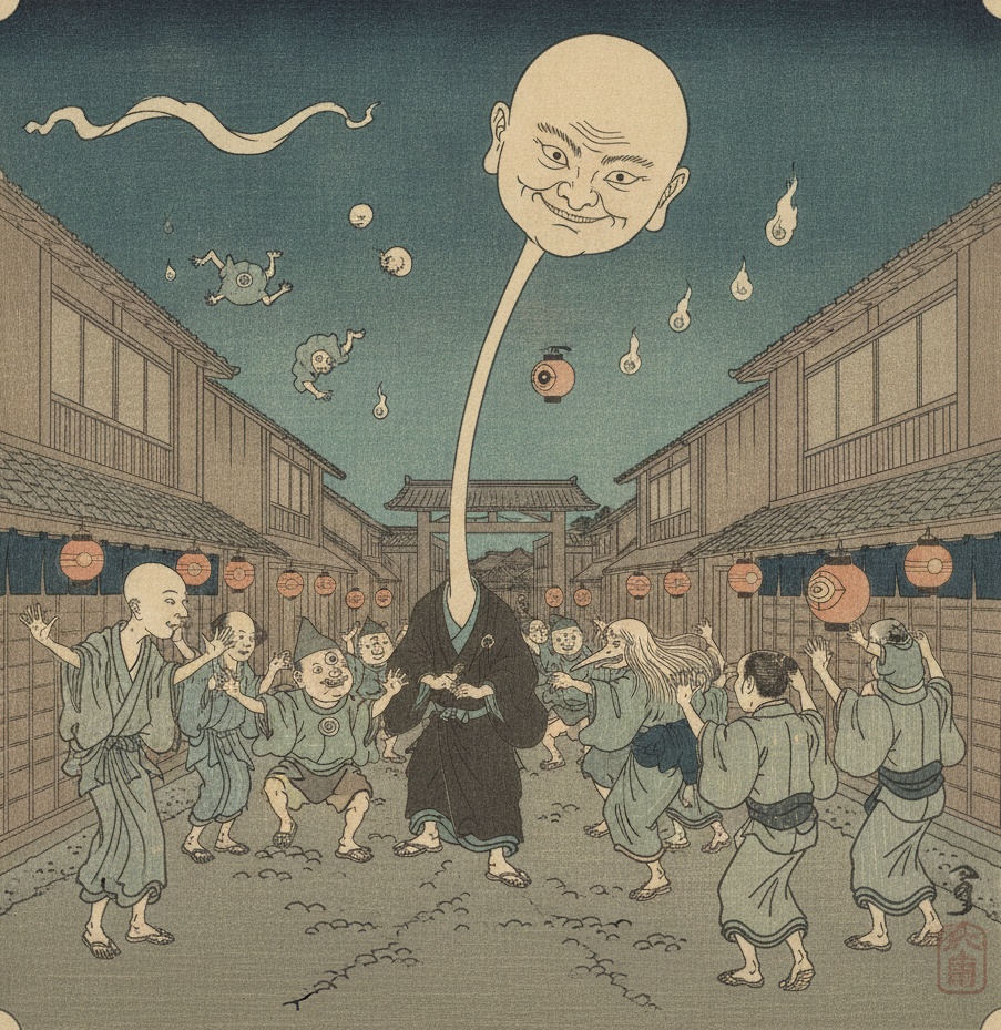 妖怪の行列に混ざって踊る人々(もののけ、みーつけたによる挿絵)