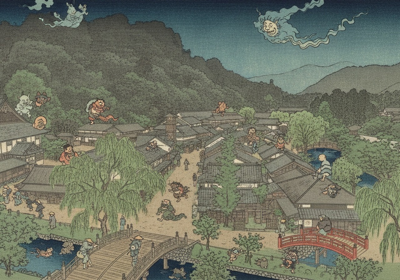 木橋、水路、火の見櫓、江戸の町並みと妖怪を描いた浮世絵風イメージ