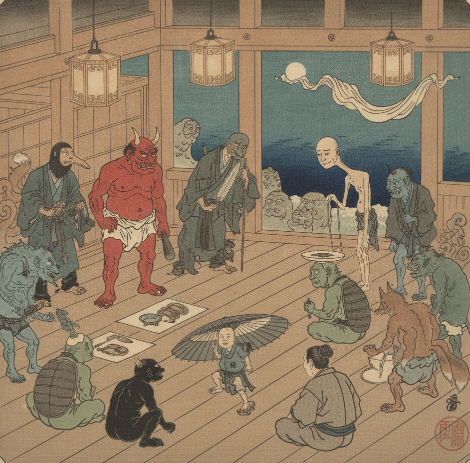 島の広間に集まった諸国の妖怪たち(もののけ、みーつけたによる挿絵)