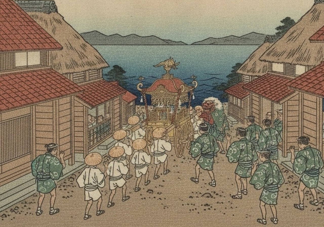伊座利の赤い太鼓神輿と獅子舞が海辺の集落を進むイメージ画