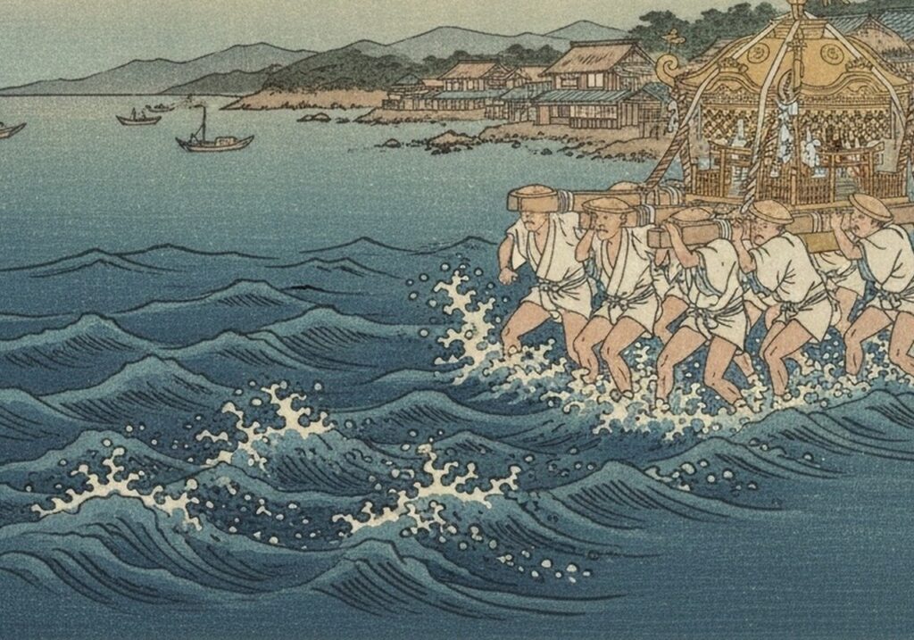 由岐の連続秋祭り——鬼のあとを、神輿が海へ入る（徳島・美波町）