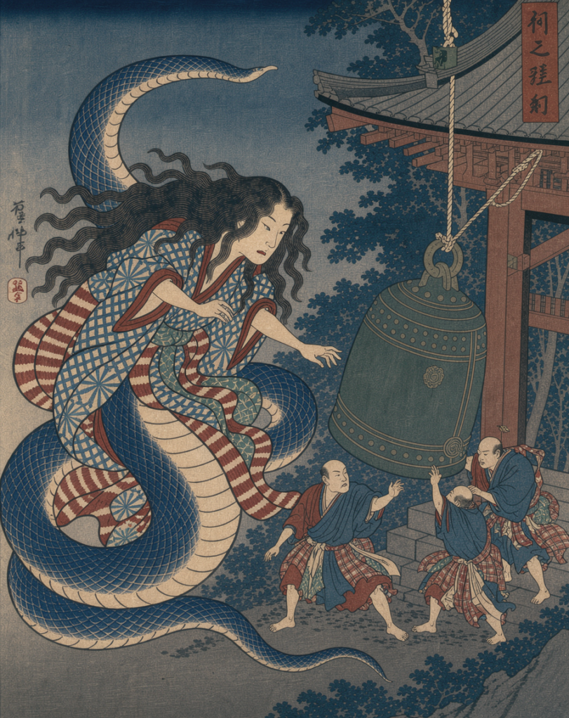 道成寺で鐘を下ろす僧たちと、その鐘へ迫る蛇身の清姫の解釈画