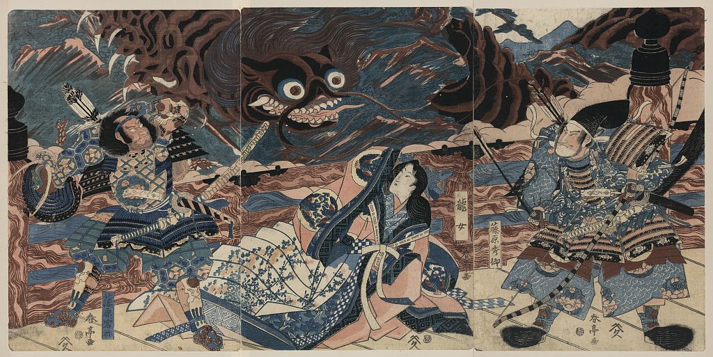 勝川春亭が三枚続に描いた藤原秀郷の百足退治