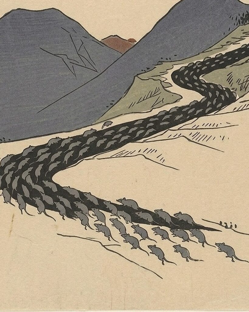 八万四千の鼠を思わせる群れが、山道を帯のように比叡山へ進む