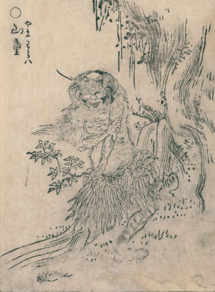 鳥山石燕『画図百鬼夜行』の山童。一つ目で長い髪の人型が山中に座る