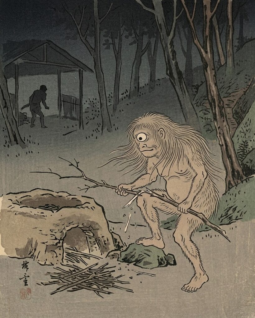 夜の炭窯の外で、一本の小柴を膝に当てて折る一つ目の山童